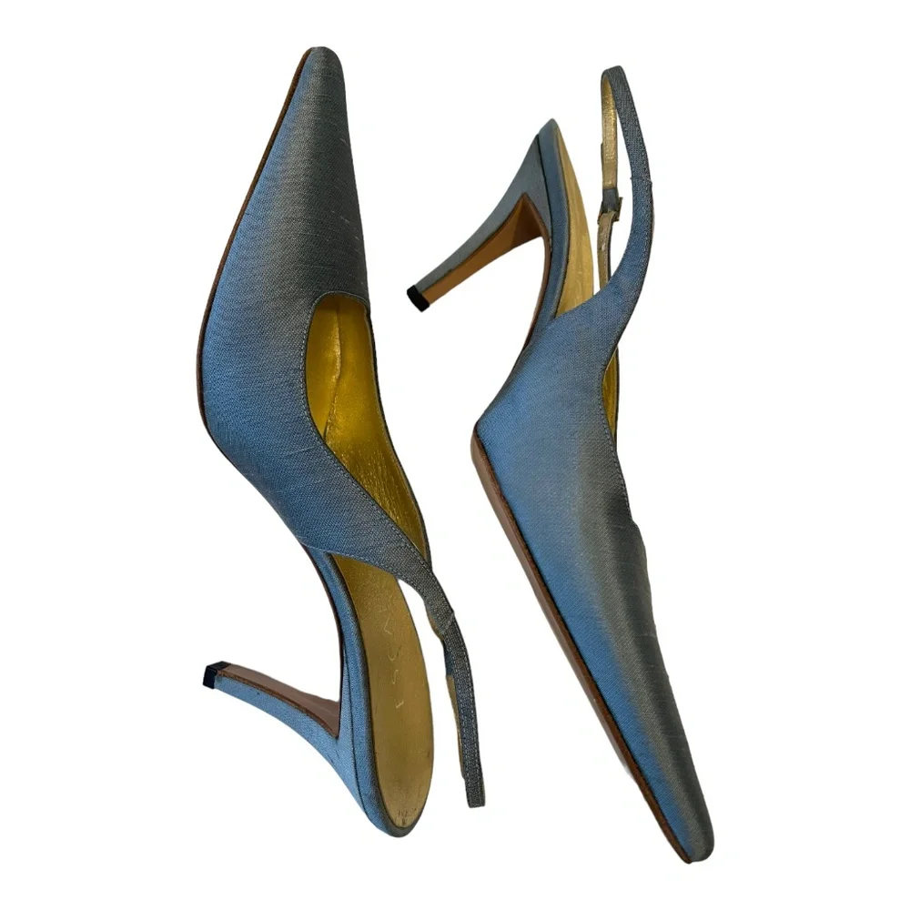 ESCADA Shoes Bryne Pale Blue Silk Slingback High Heel Pumps Size 37.5, US 7.5